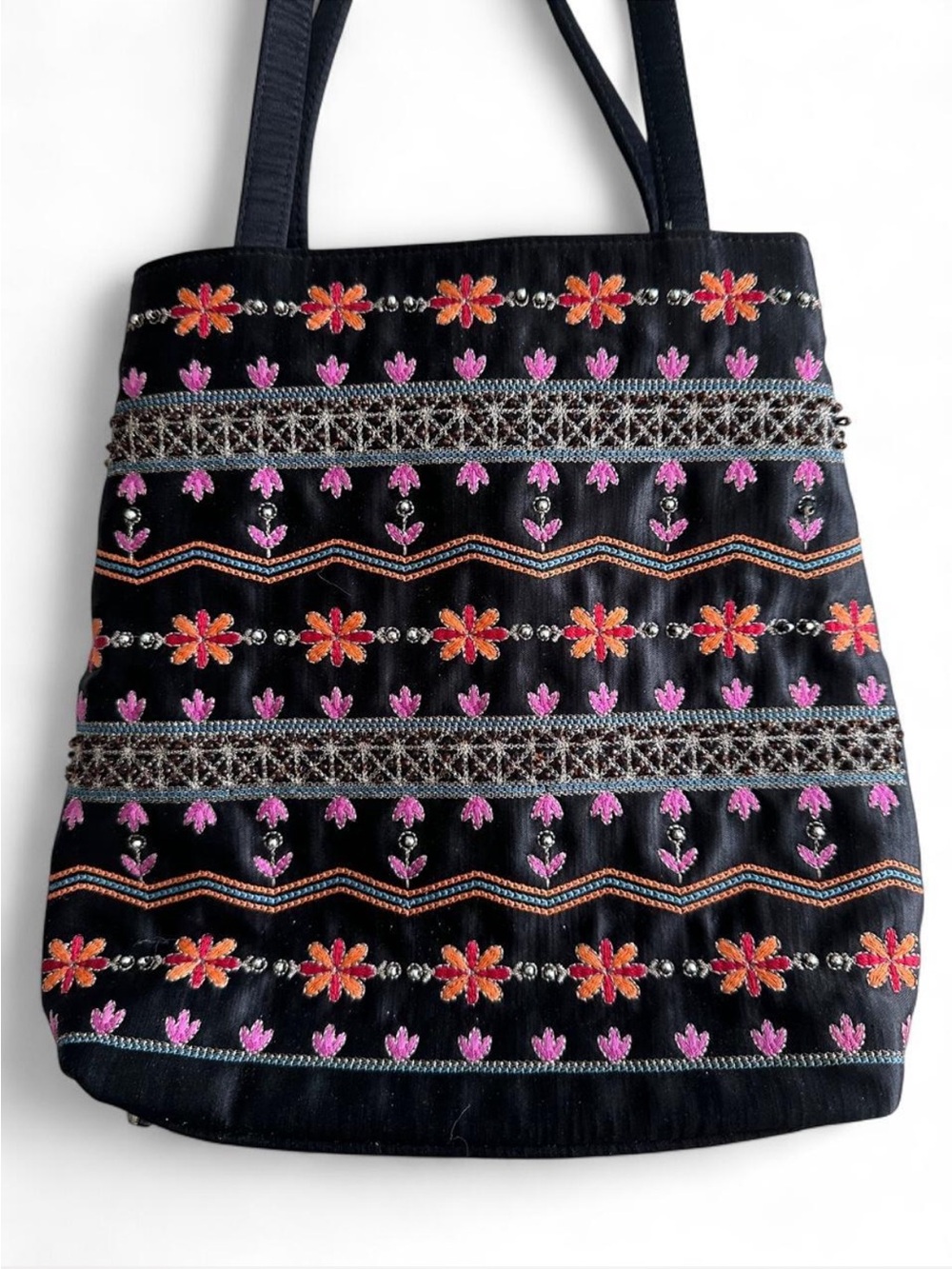 Frankie & Johnnie Black Embroidered Shoulder Tote Bag Orange and Purple Floral